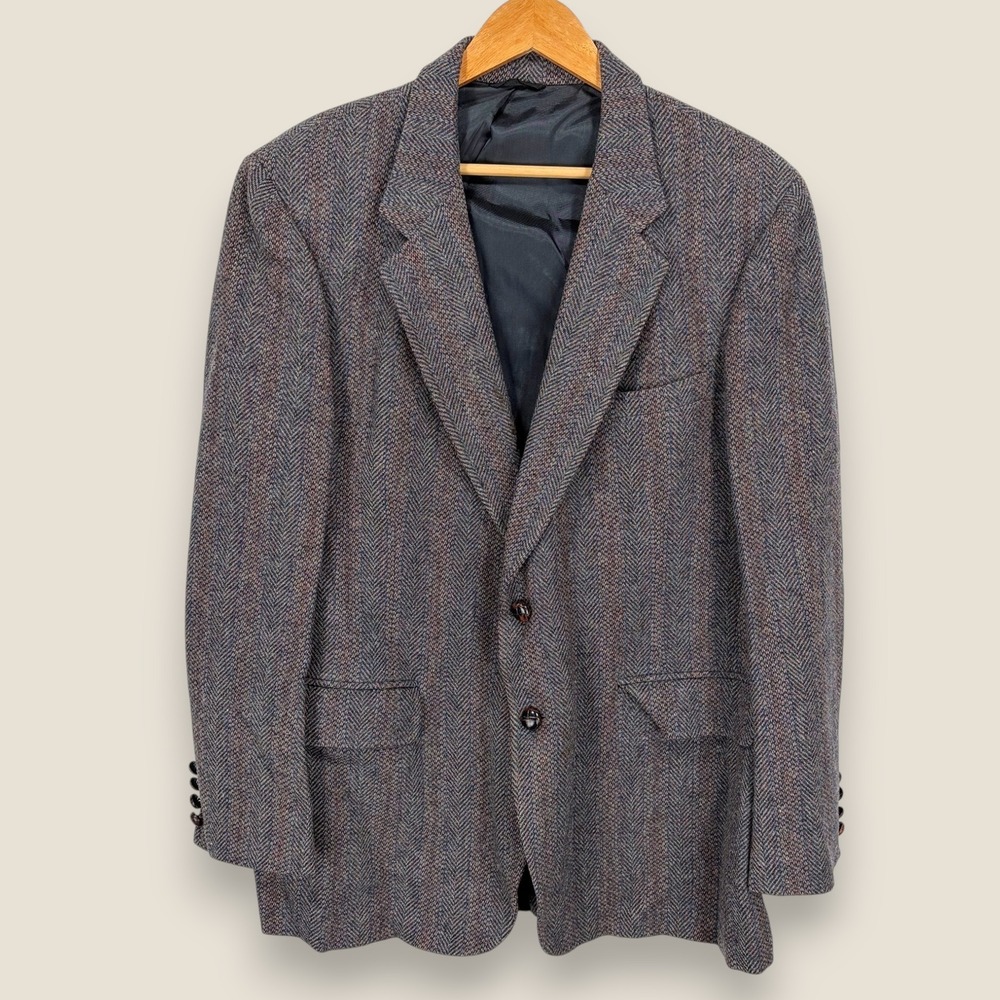 John Norman Tailormann Tweed Sport Coat Blazer Men 42R Gray Herringbone 2 Button